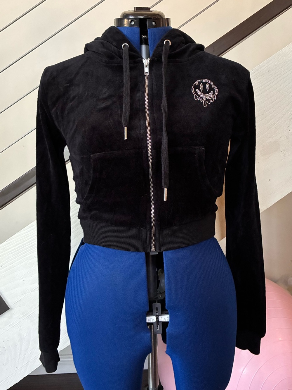 Dolls Kill Black Velour Cropped Zip Hoodie with Smiley Patch